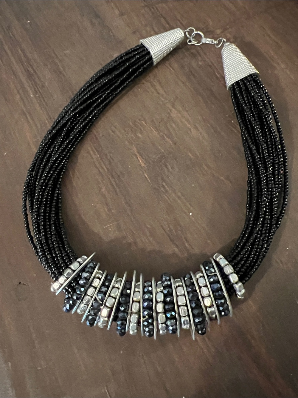 Multi-Strand Black Beaded Statement Necklace - Silver Accents